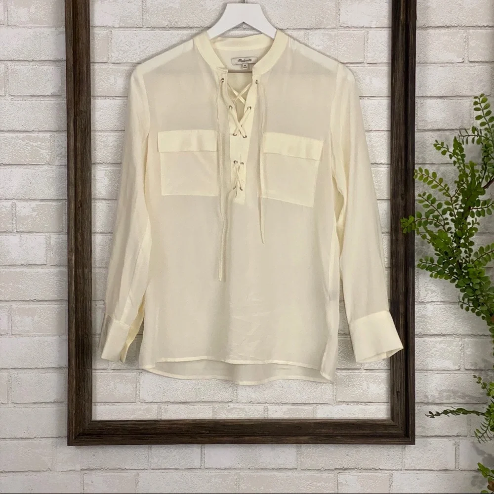 Madewell Silk Lace Up Blouse in Ivory Off-White - Picture 9 of 16